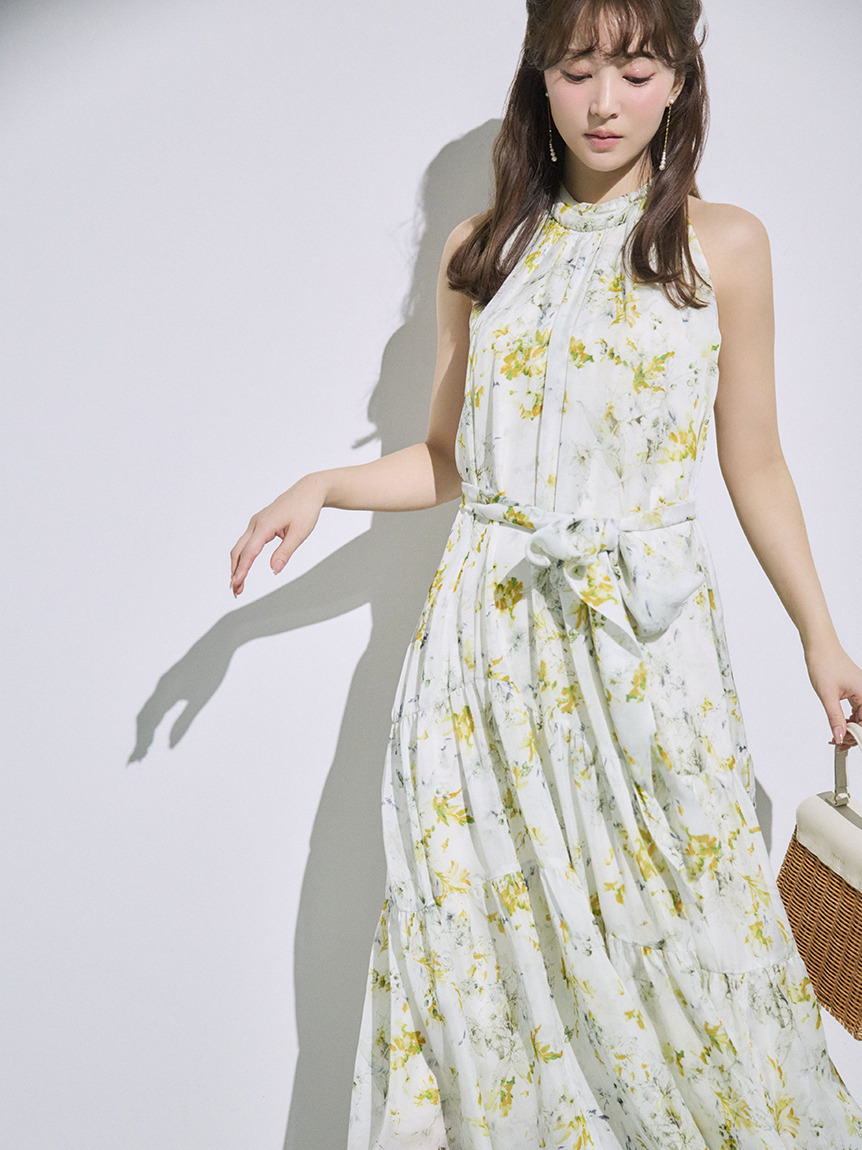 ホルターネックシアープリントワンピース(マキシ・ロングワンピース