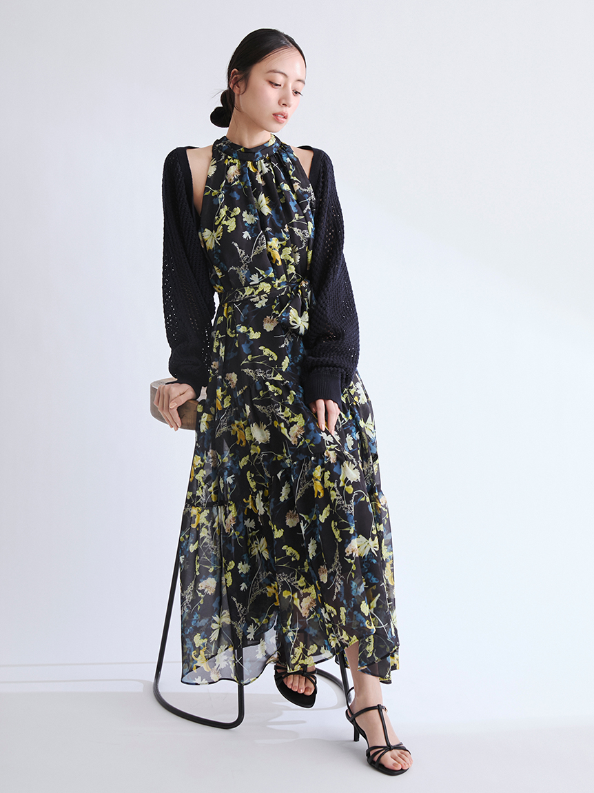 ホルターネックシアープリントワンピース(マキシ・ロングワンピース