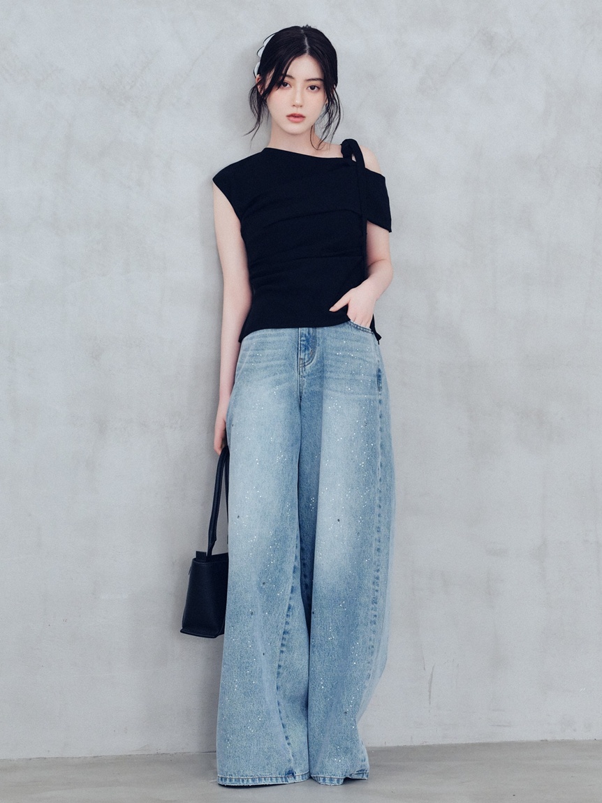 ラインストーンセミワイドストレートデニムパンツ(ロングパンツ