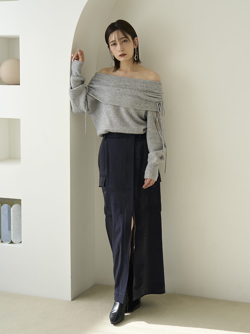 グロッシーサテンカーゴストレートスカート(ロングスカート グロッシーサテンカーゴストレートスカート(ロングスカート