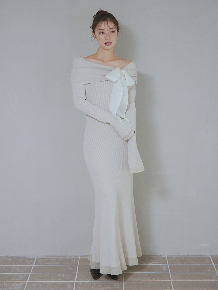 オフショルリボンリブニットワンピース(マキシ・ロングワンピース  