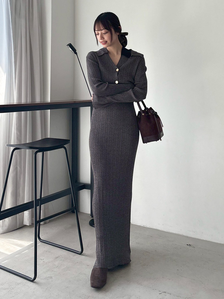 新品 フレイアイディー ポロカラー アンサンブル リブニット ワンピース ポロカラーアンサンブルリブニットワンピース(マキシ・ロング