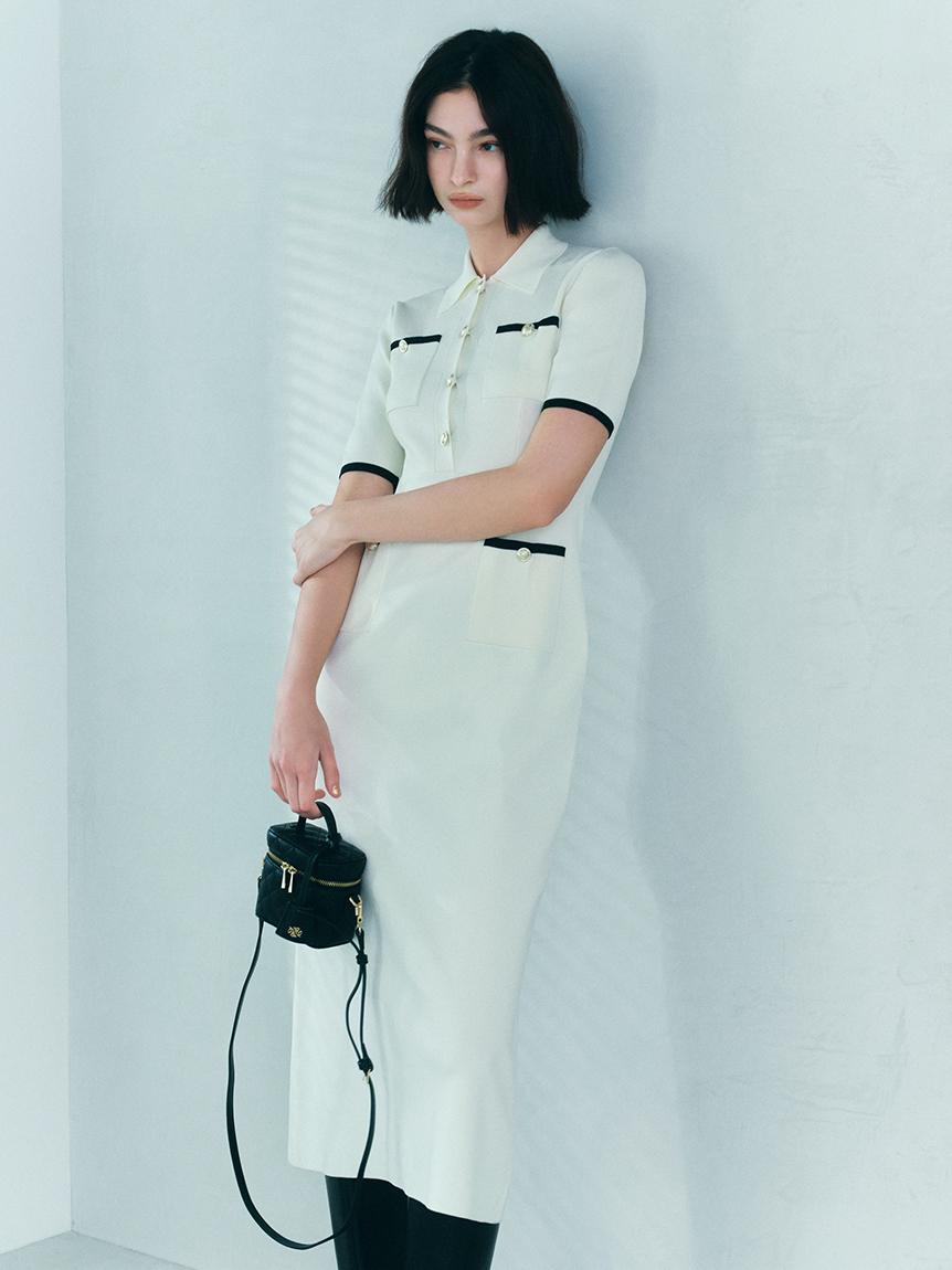 kate spade 半袖 ニットワンピース XS フレア Aライン モノトーン kate spade NEW YORK - kate spade 半袖 ニットワンピース XS