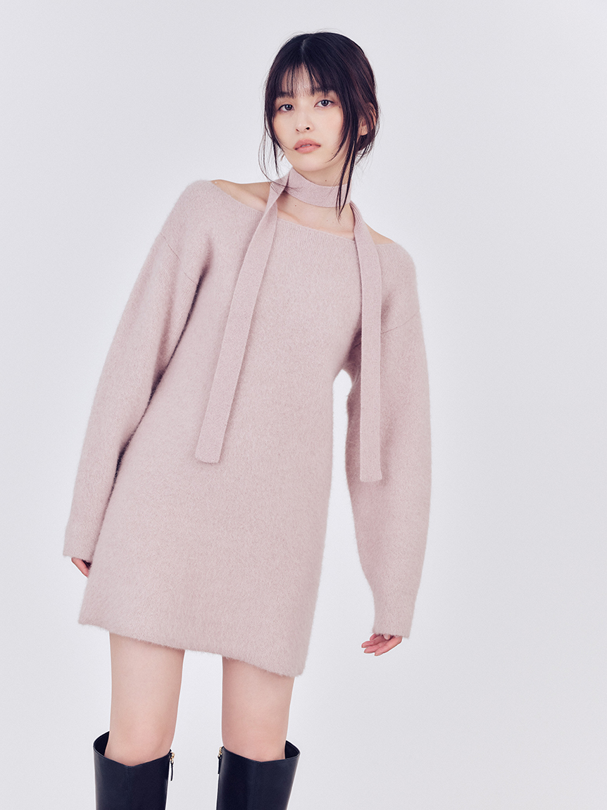 Randy カービープレイドニットワンピース ホワイト カービープレイド