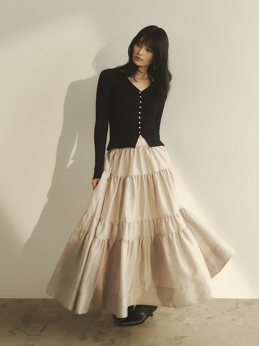 リブカーディガンティアードスカートセットアップ