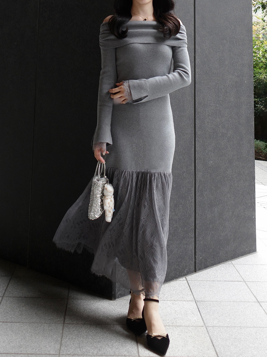 WEB限定】レースニットドッキングワンピース(ニットワンピース