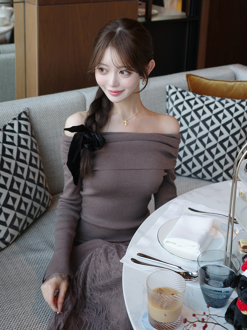 FRAY.I.D ノースリーブニットワンピース グレー WEB限定】レースニットドッキングワンピース(ニットワンピース