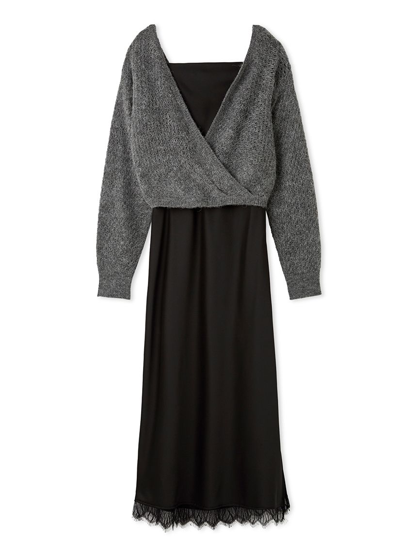 サテンキャミクロシェニットアンサンブル(ニットワンピース