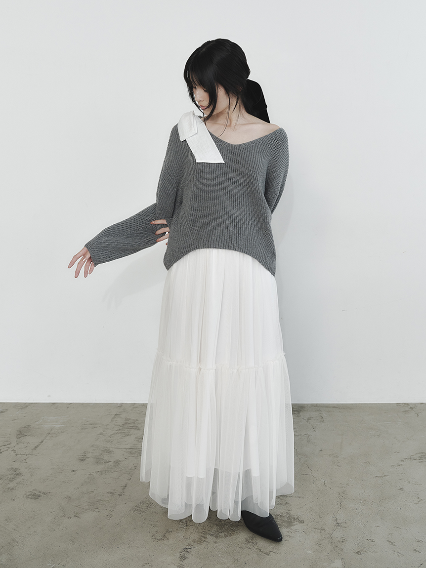 リボンニットプル＆チュールスカートセット(マキシ・ロングワンピース
