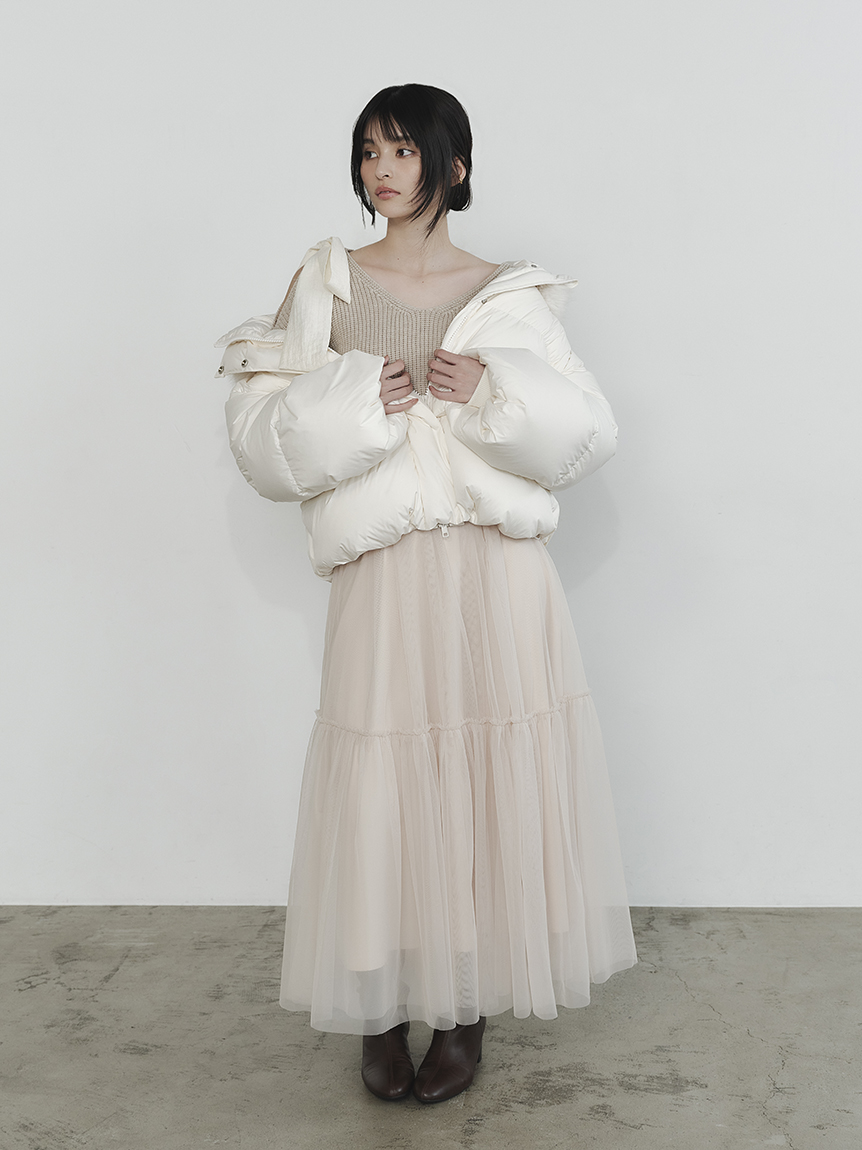 リボンニットプル＆チュールスカートセット(マキシ・ロングワンピース