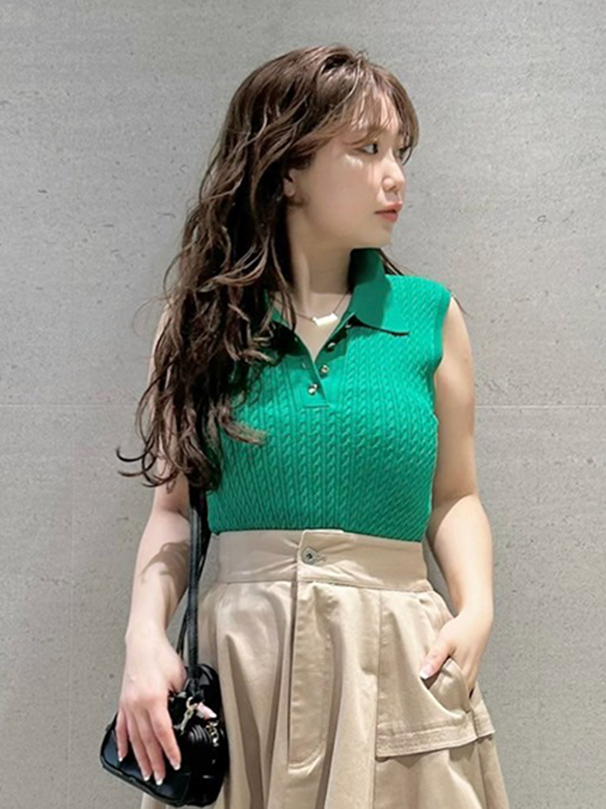 ノースリーブケーブルニットポロ／ウォッシャブル(ポロシャツ