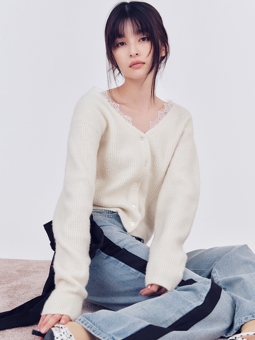 柄カーディガン（白） S/LL/3L】日本製ミックスカラー透かし柄カーディガン | 婦人服