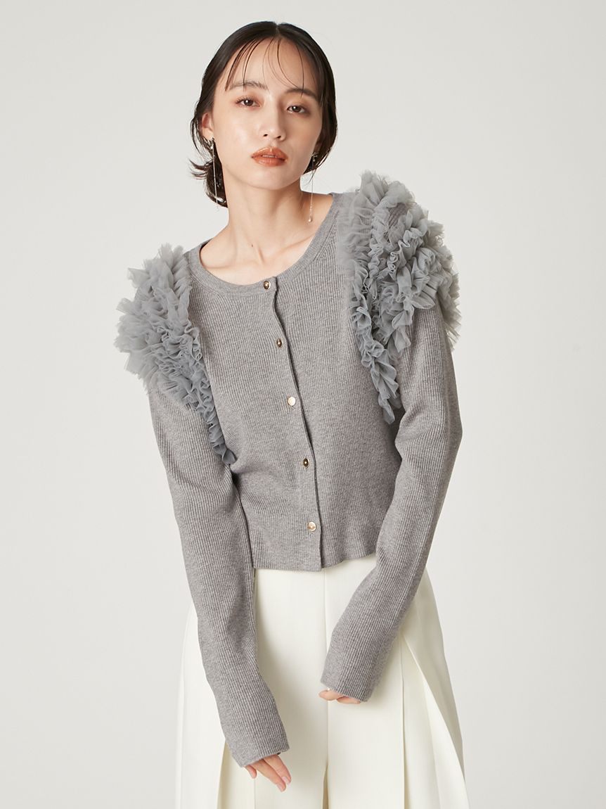 ショルダーチュールフリルニットカーディガン(カーディガン)｜トップス