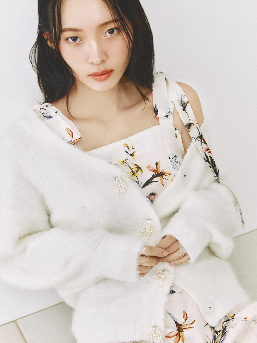 パールリボンシャギーミドルVネックカーディガン(カーディガン