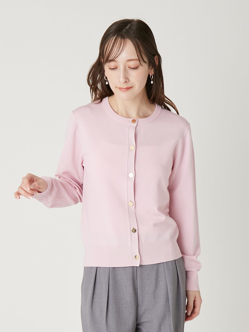 シルクブレンドクルーネック金釦ニットカーディガン／ウォッシャブル