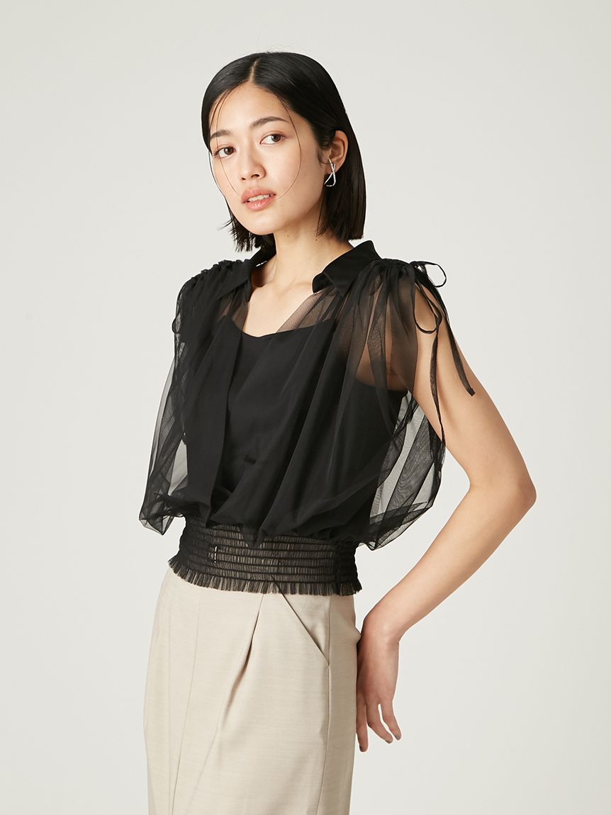 新品タグ付 フレイアイディー リボンディテールトップス 黒 チュールドッキングカシュクールカットソー(カットソー