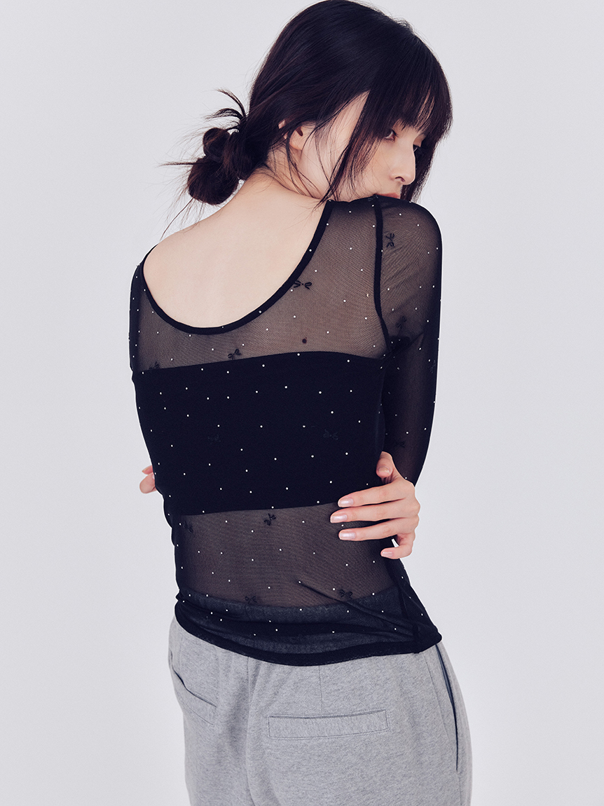 リボンプリントメッシュトップ(カットソー)｜トップス｜FRAY I.D