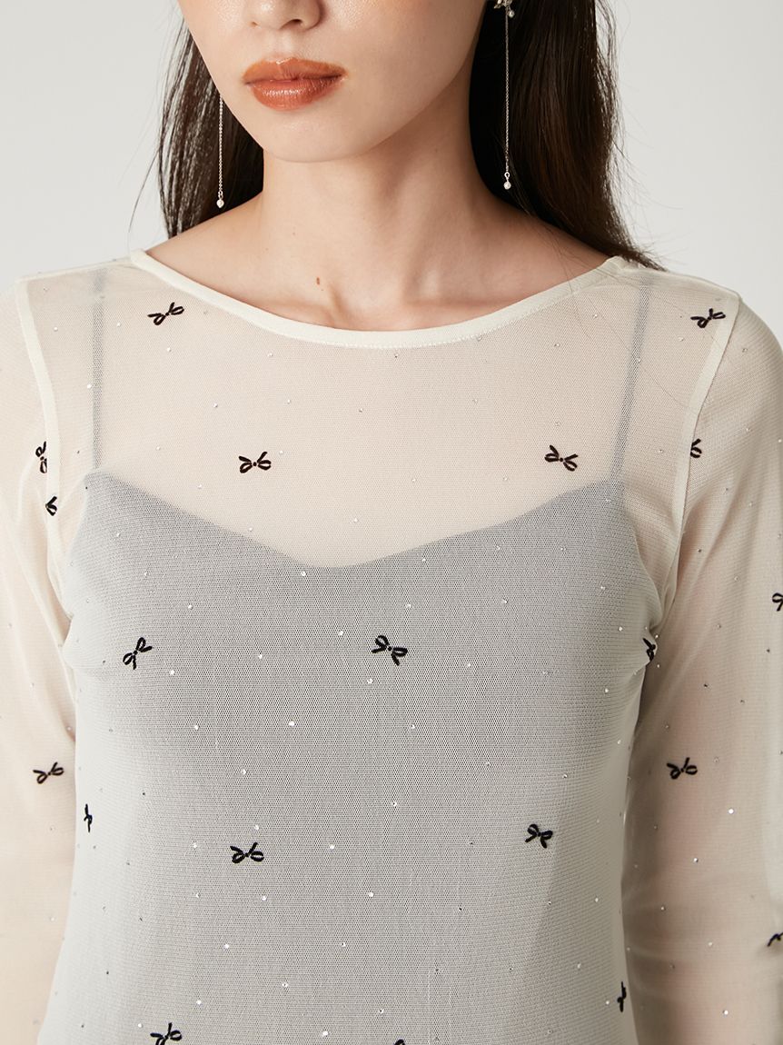 リボンプリントメッシュトップ(カットソー)｜トップス｜FRAY I.D