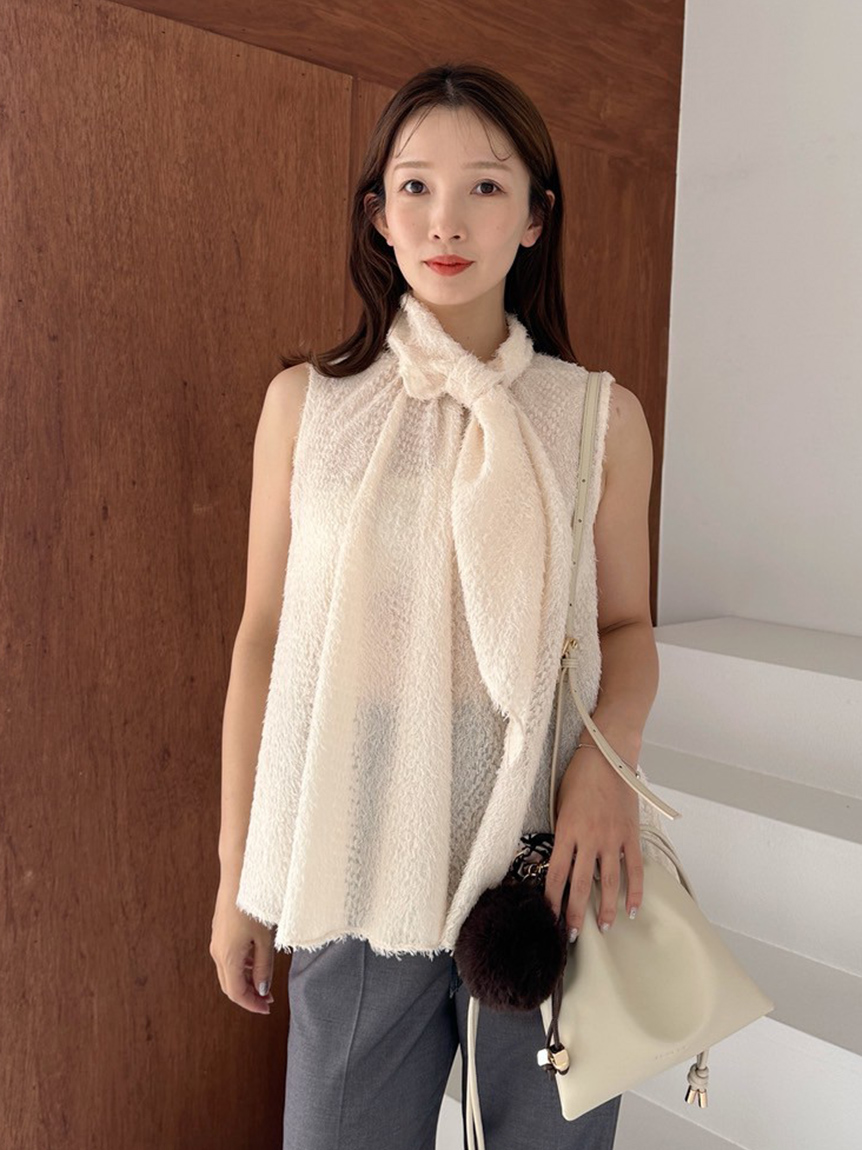 FRAY I.D フレイアイディー★ レースノースリブラウス LIMITED]フリンジノースリボウタイブラウス(ブラウス)｜トップス