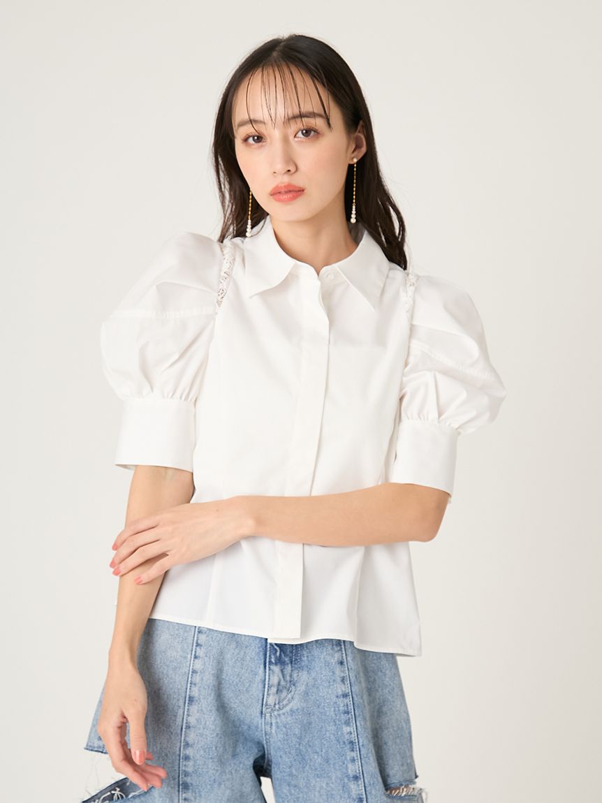heve ファインスリーブブラウス　白　へイヴ BEIGE,｜【L-size】EVA / ハイネックハーフスリーブブラウス | Rakuten