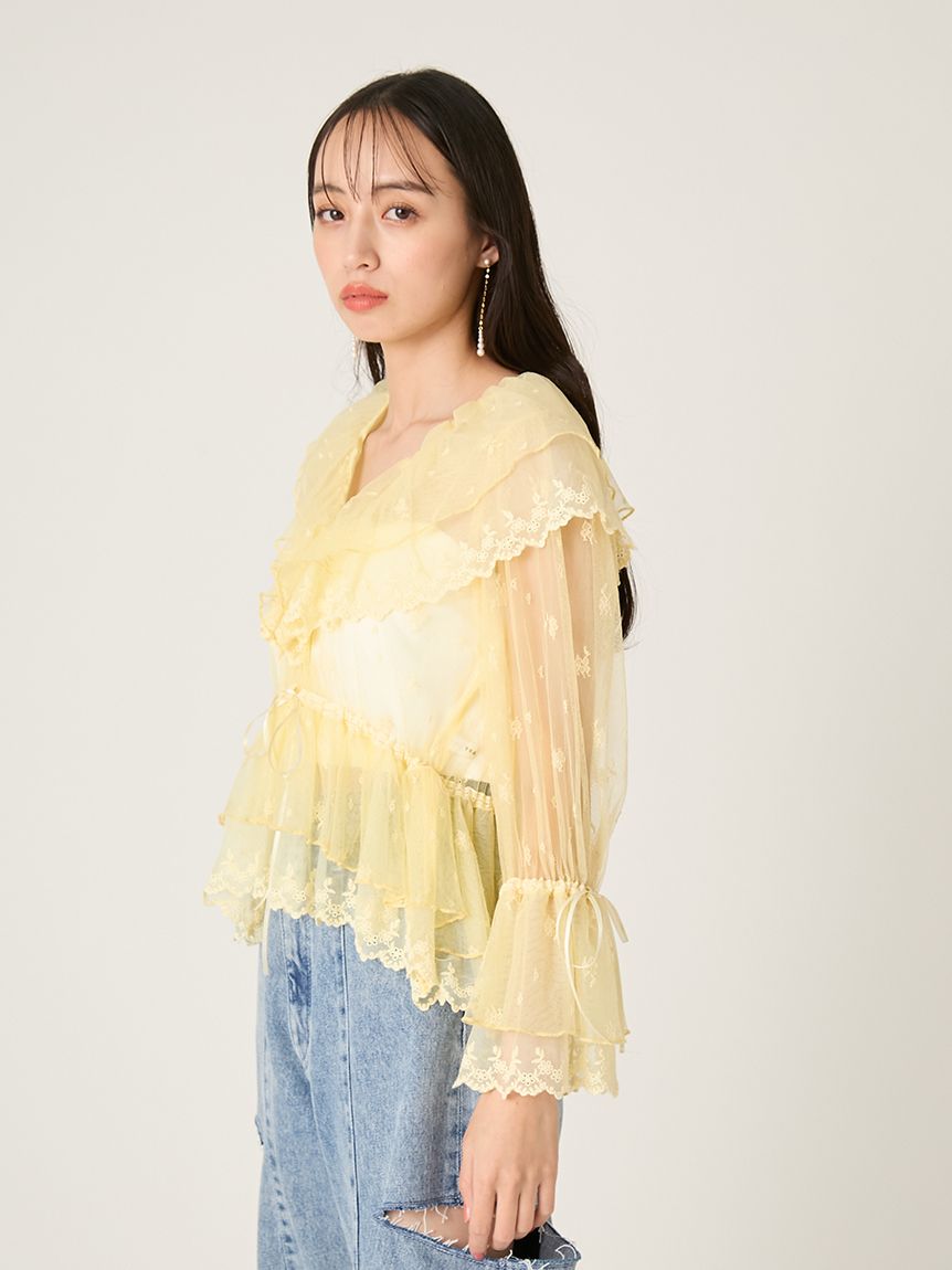 ラッフルデザインチュールエンブロイダリーブラウス(ブラウス
