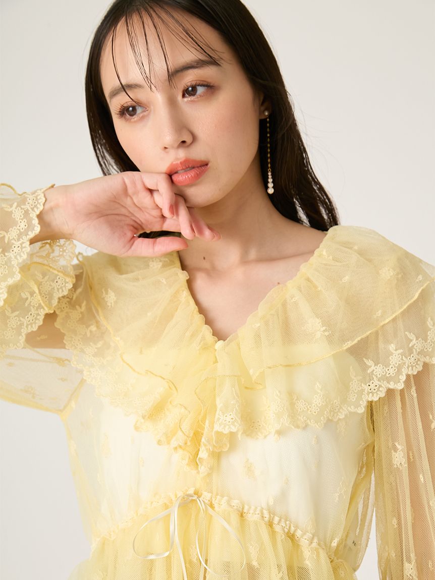 ラッフルデザインチュールエンブロイダリーブラウス(ブラウス