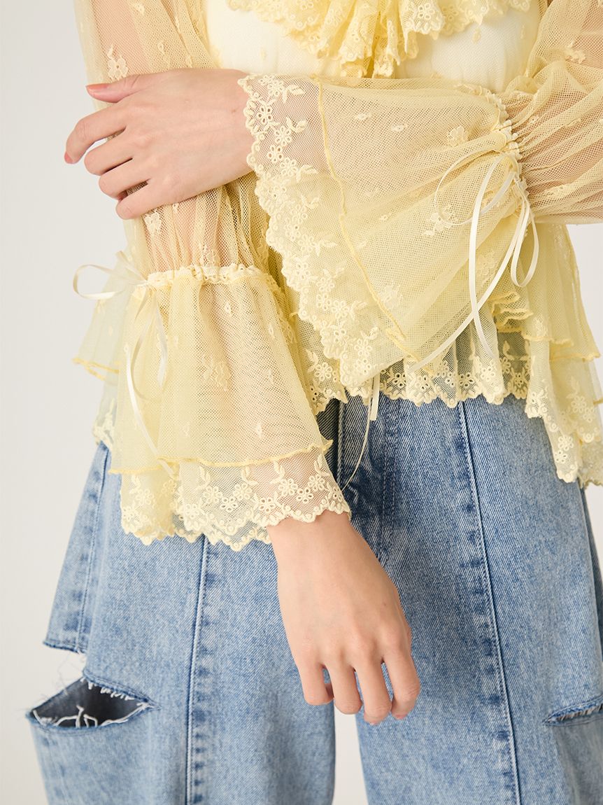 ラッフルデザインチュールエンブロイダリーブラウス(ブラウス