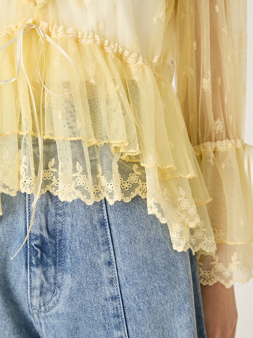 ラッフルデザインチュールエンブロイダリーブラウス(ブラウス