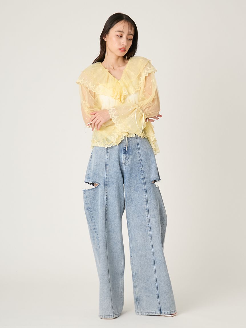 ラッフルデザインチュールエンブロイダリーブラウス(ブラウス