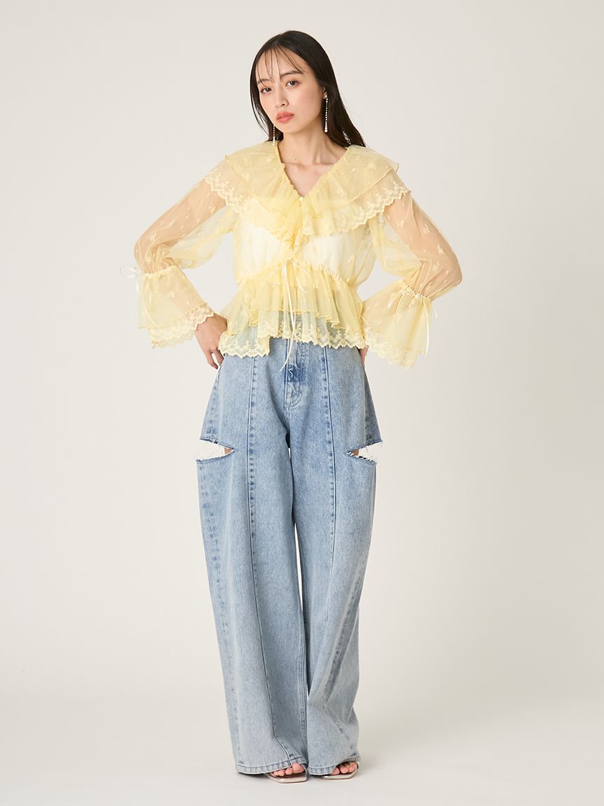 ラッフルデザインチュールエンブロイダリーブラウス(ブラウス