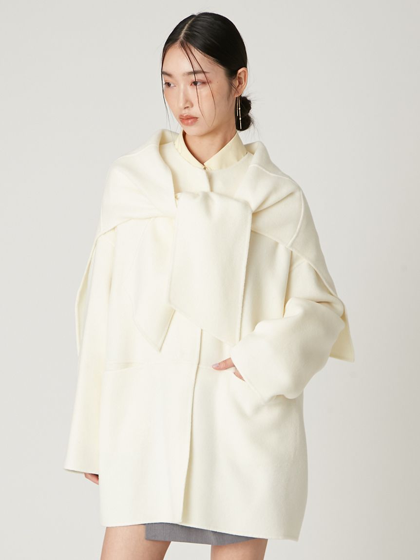 マフラー付ノーカラーリバーミドルコート(ノーカラージャケット