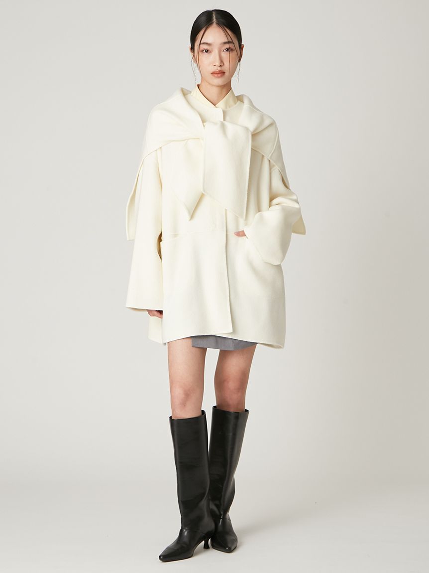 マフラー付ノーカラーリバーミドルコート(ノーカラージャケット