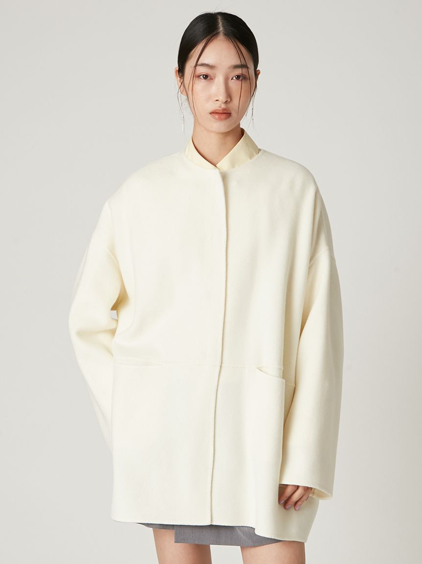 マフラー付ノーカラーリバーミドルコート(ノーカラージャケット