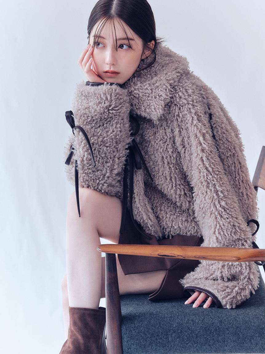 アッシュアンドダイアモンド ダイヤ柄 ラビットファージャケット バイカラー F リボンボアファージャケット(ブルゾン)｜アウター｜FRAY I.D（フレイ