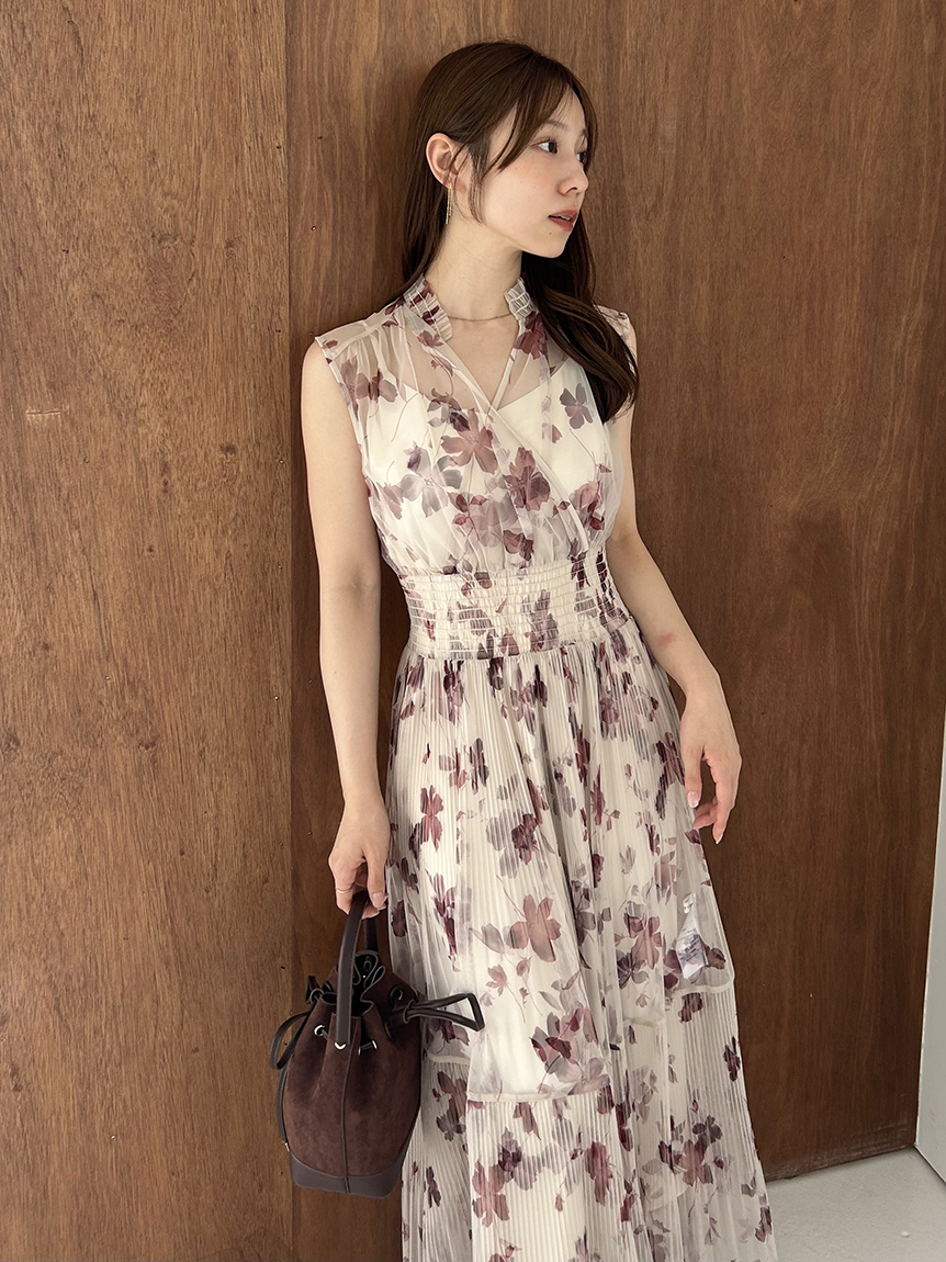 FRAY I.D プリーツロングワンピース BEG 1 00サイズ】シアーフラワープリーツワンピース(マキシ・ロング
