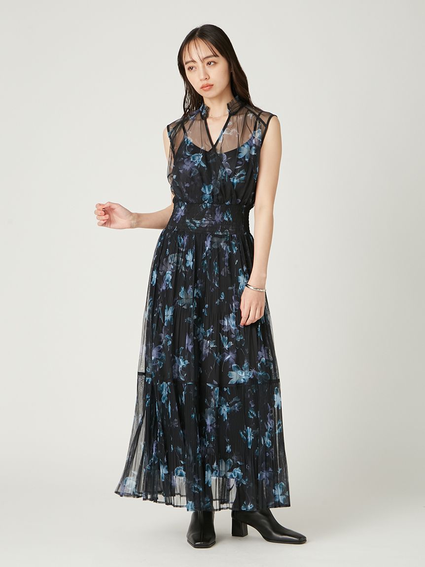 トロワドゥアン 花柄 フリル ワンピース シアー ブルー お呼ばれ ゆったり 花柄ドッキングロングワンピース[品番：RJTW0002427]｜ROJITA