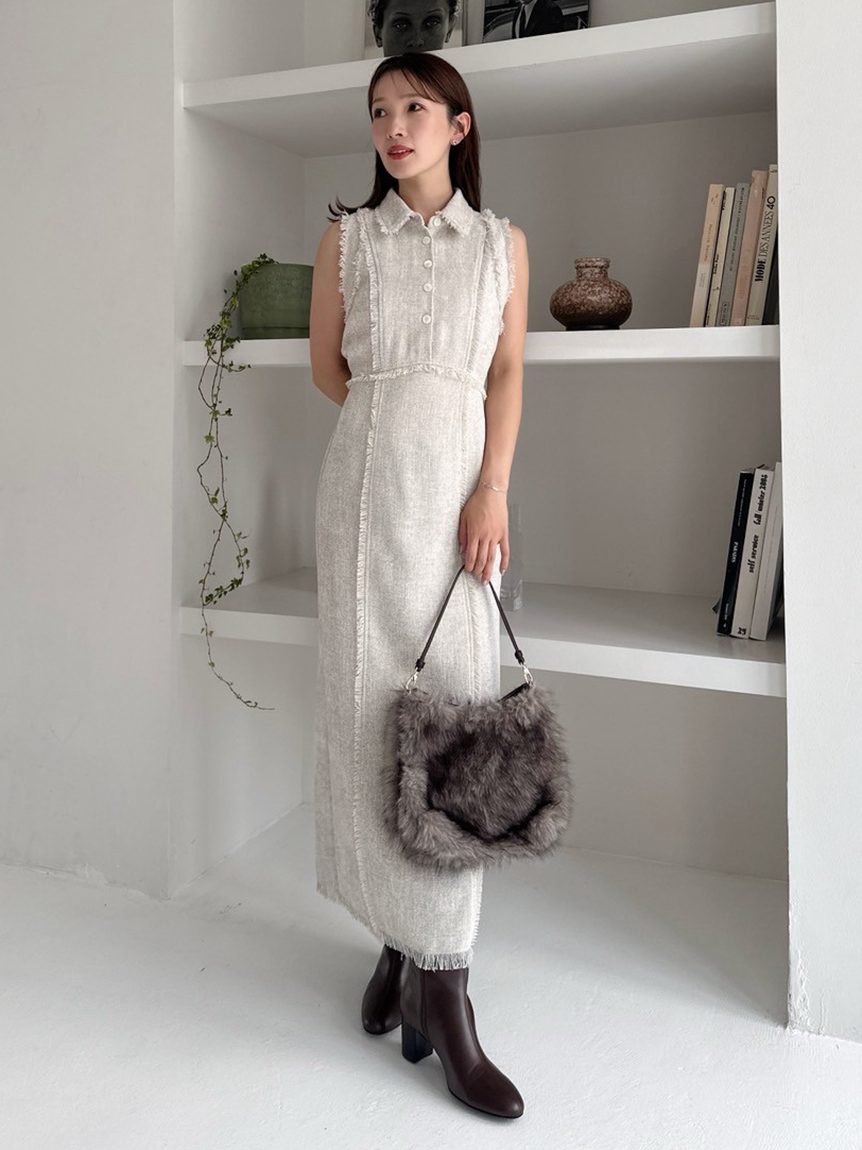 フナコ　オブリ　ツイードワンピース　フリーサイズ HANAE MORI×CELFORDコラボ】プリーツデザインプリントワンピース