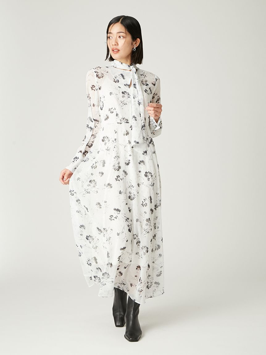 デザインボウタイシアープリントワンピース(マキシ・ロング