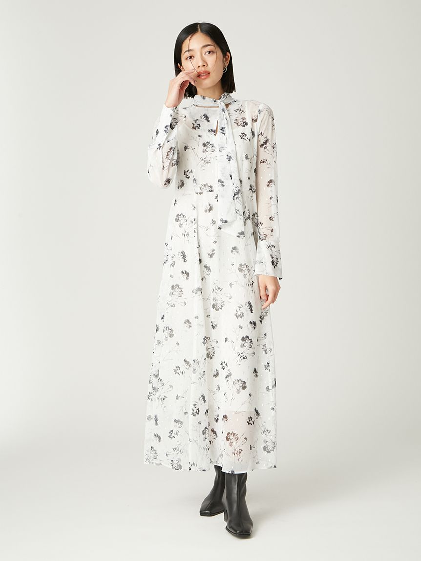 デザインボウタイシアープリントワンピース(マキシ・ロングワンピース