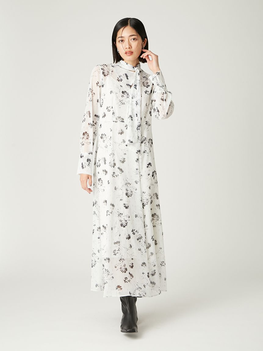 デザインボウタイシアープリントワンピース(マキシ・ロング