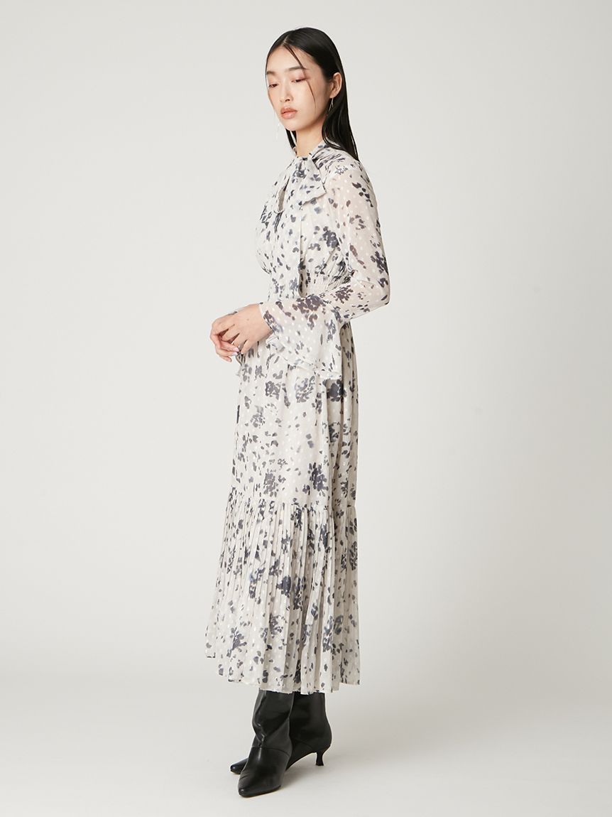 ボウタイプリーツプリントワンピース(マキシ・ロングワンピース