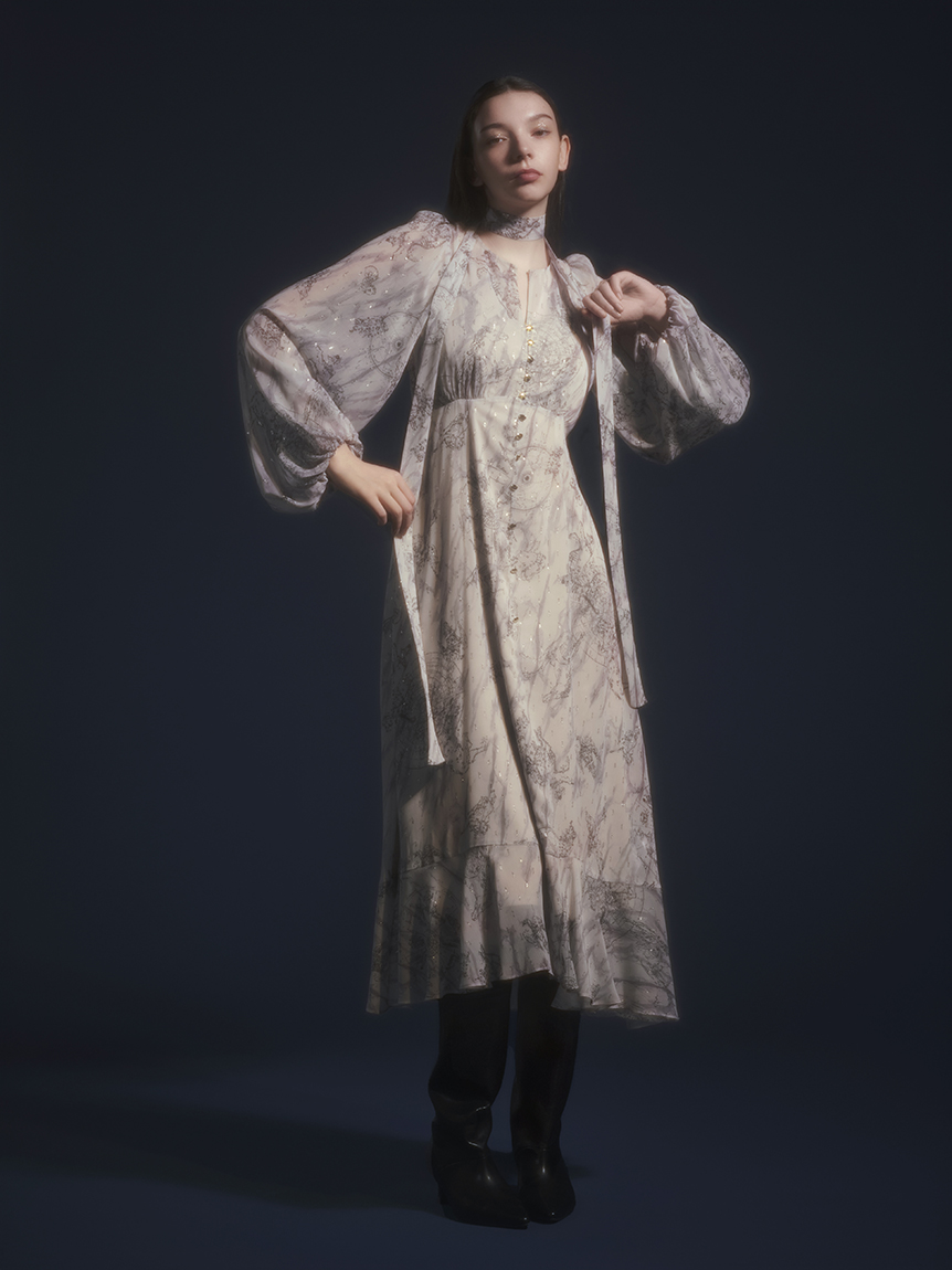 ホロスコーププリントリボンタイワンピース(マキシ・ロングワンピース