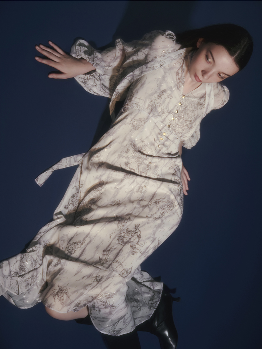 ホロスコーププリントリボンタイワンピース(マキシ・ロングワンピース