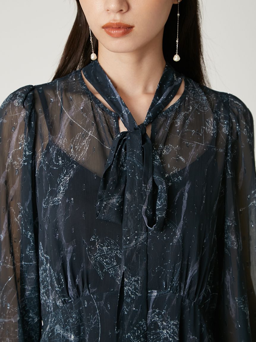 ホロスコーププリントリボンタイワンピース(マキシ・ロングワンピース