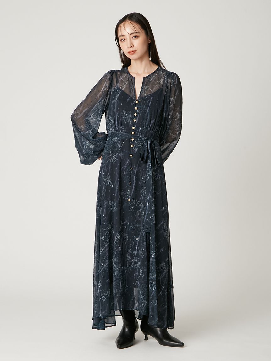 ホロスコーププリントリボンタイワンピース(マキシ・ロングワンピース