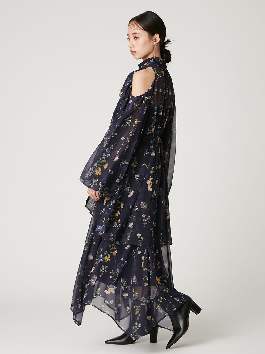 00サイズ】フラワープリントオフショルティアードワンピース(マキシ