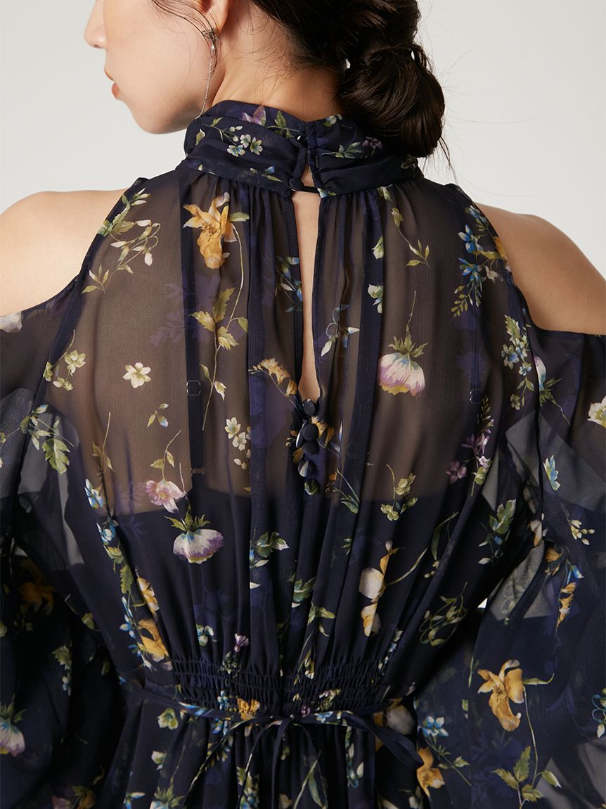 00サイズ】フラワープリントオフショルティアードワンピース(マキシ