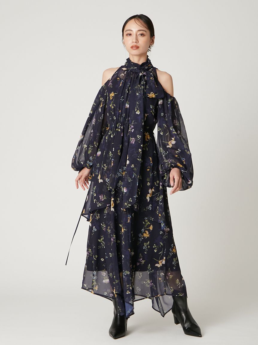 00サイズ】フラワープリントオフショルティアードワンピース(マキシ