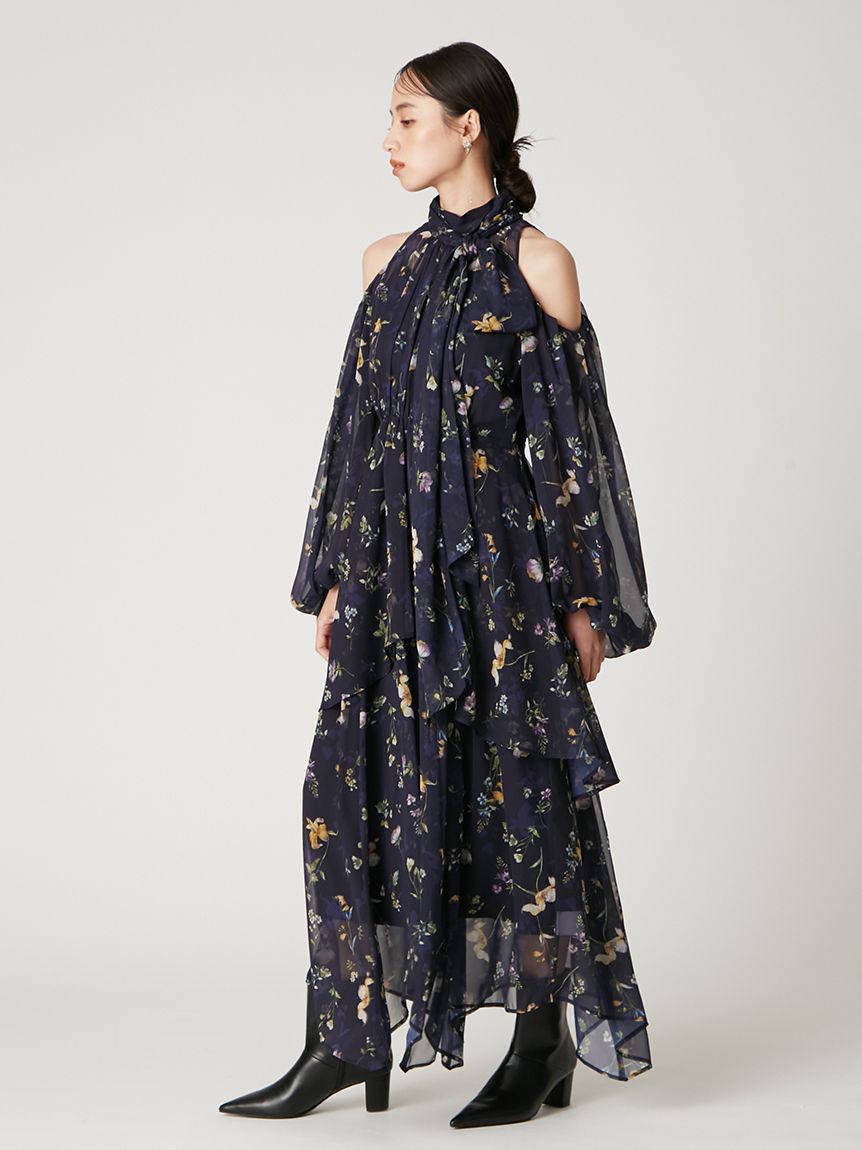 00サイズ】フラワープリントオフショルティアードワンピース(マキシ