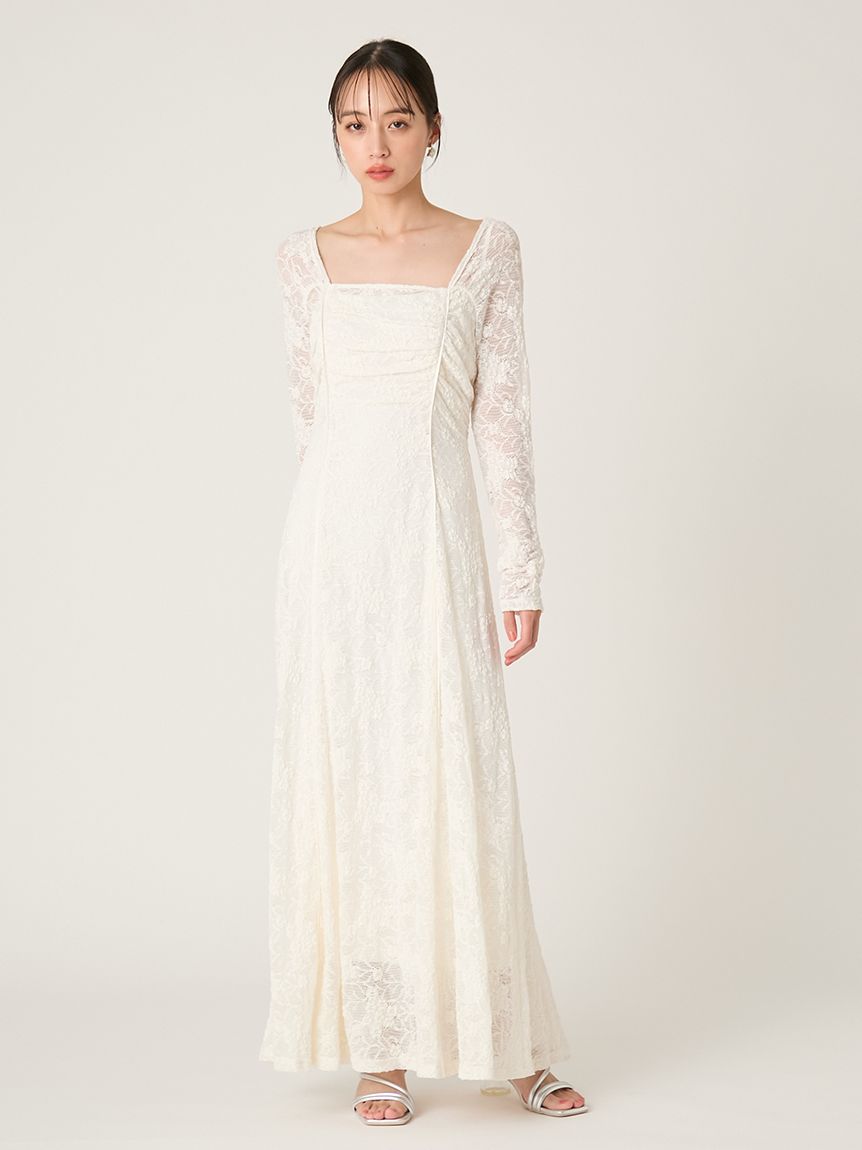スクエアネックストレッチレースワンピース(マキシ・ロングワンピース